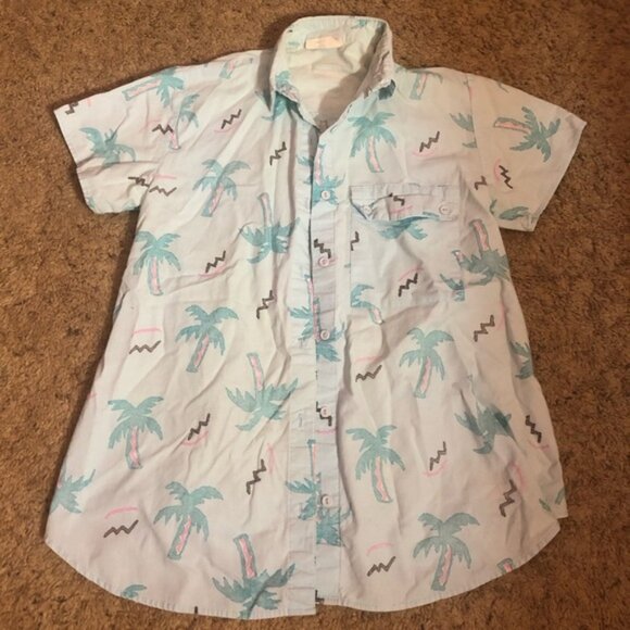 Vintage Tropical Palm AOP Beach Vacation Button Down Shirt 100% Cotton sz6 *FLAW - Picture 1 of 10